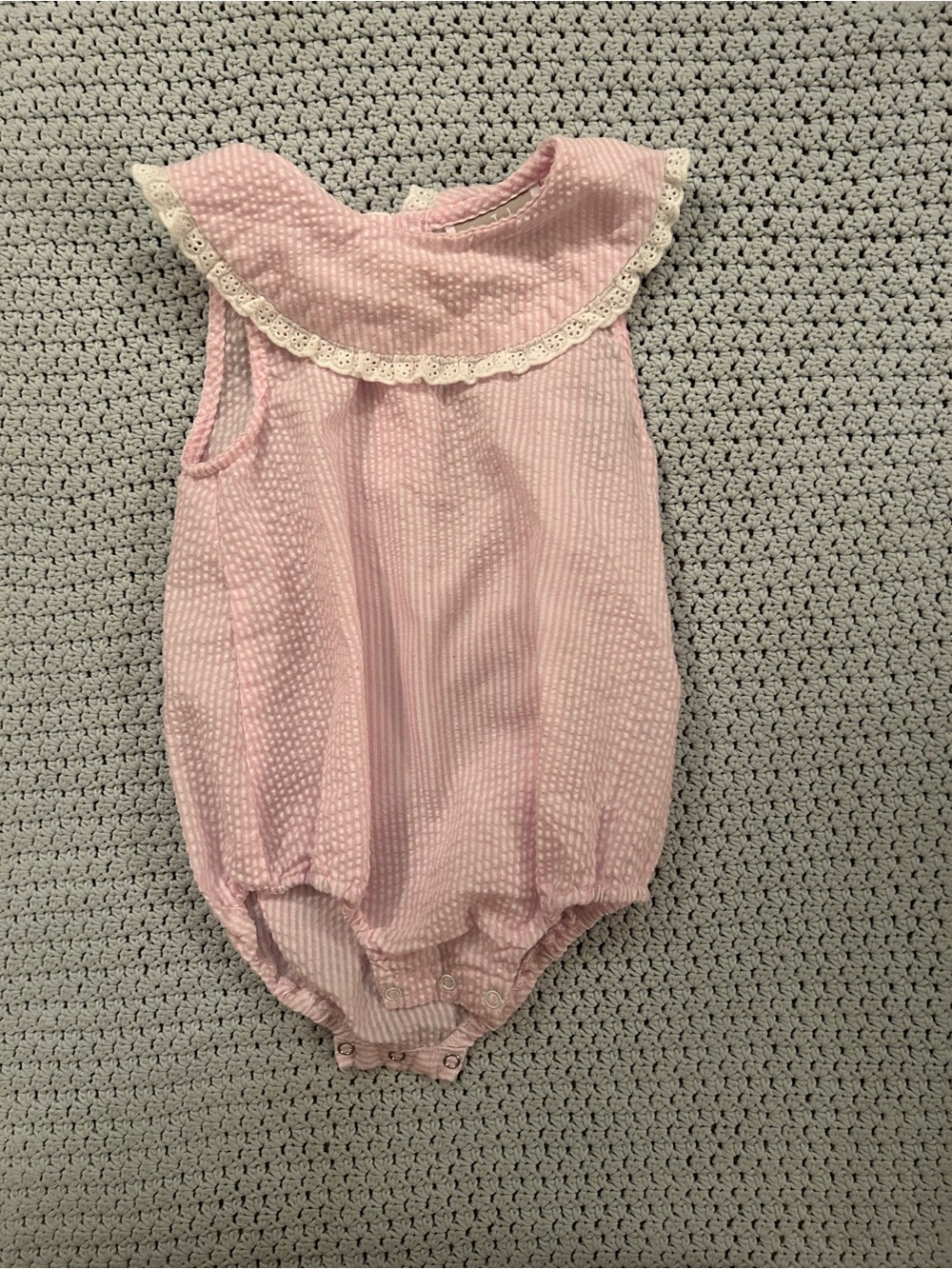 Lil Cactus Pink & White Seersucker Bubble with Lace Trim